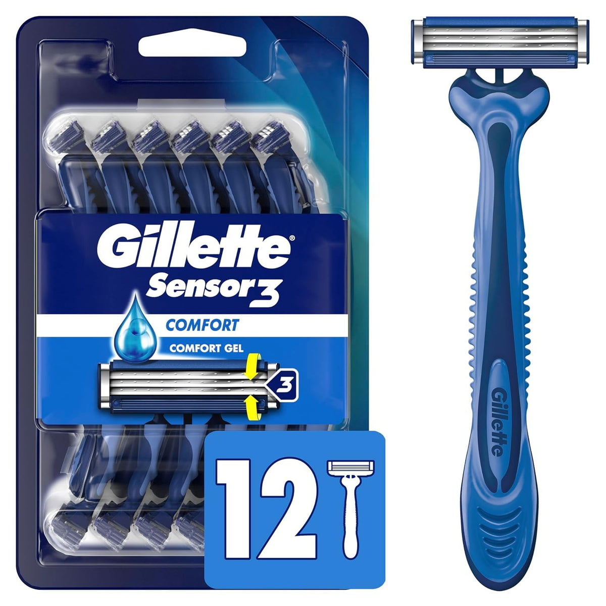 Gillette Sensor3 Comfort Disposable Razors front view with 12 razors