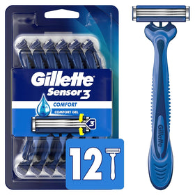 Gillette Sensor3 Comfort Disposable Razors front view with 12 razors