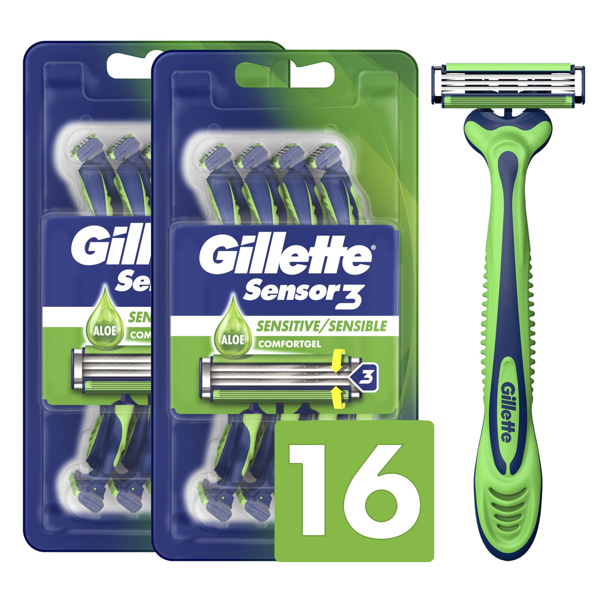 Gillette Sensor3 Sensitive Disposable Razors front view with support lubrastrip