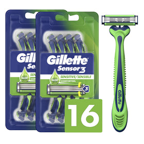 Gillette Sensor3 Sensitive Disposable Razors front view with support lubrastrip