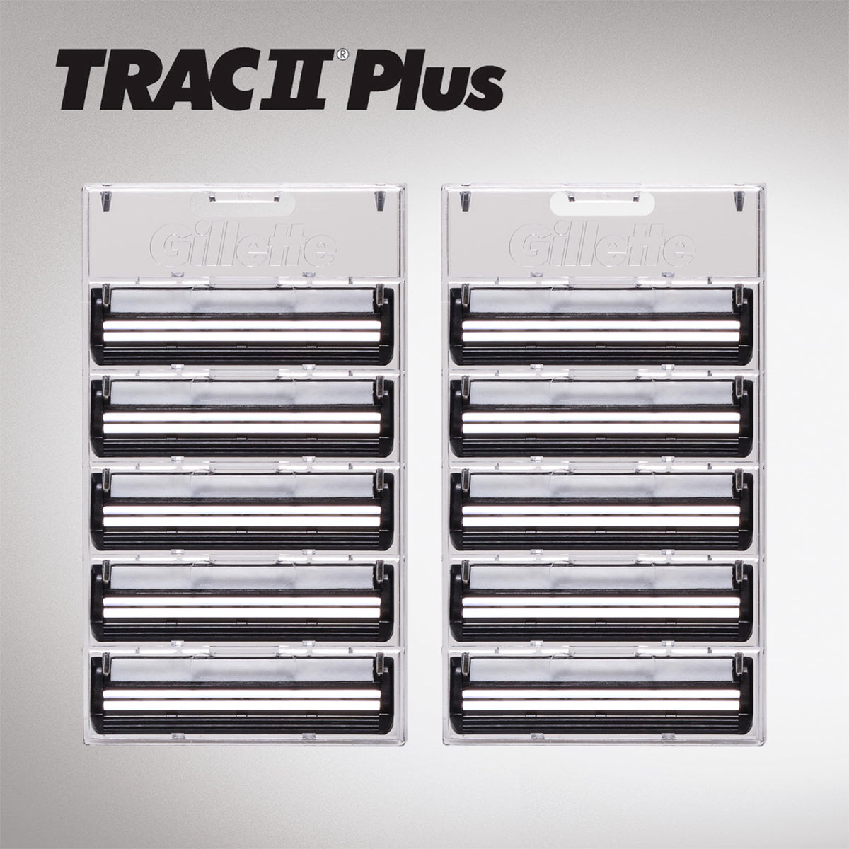 Gillette TRAC II Plus Razor Blade refills displayed on a bathroom counter