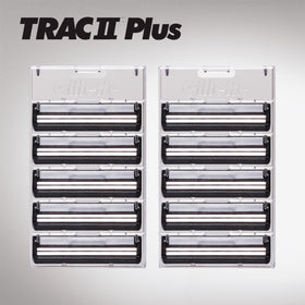Gillette TRAC II Plus Razor Blade refills displayed on a bathroom counter