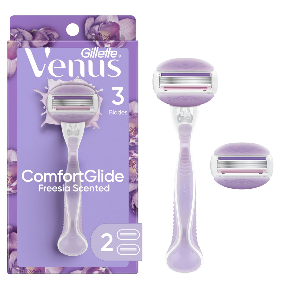 Gillette Venus ComfortGlide Freesia Razor front view with handle and blades