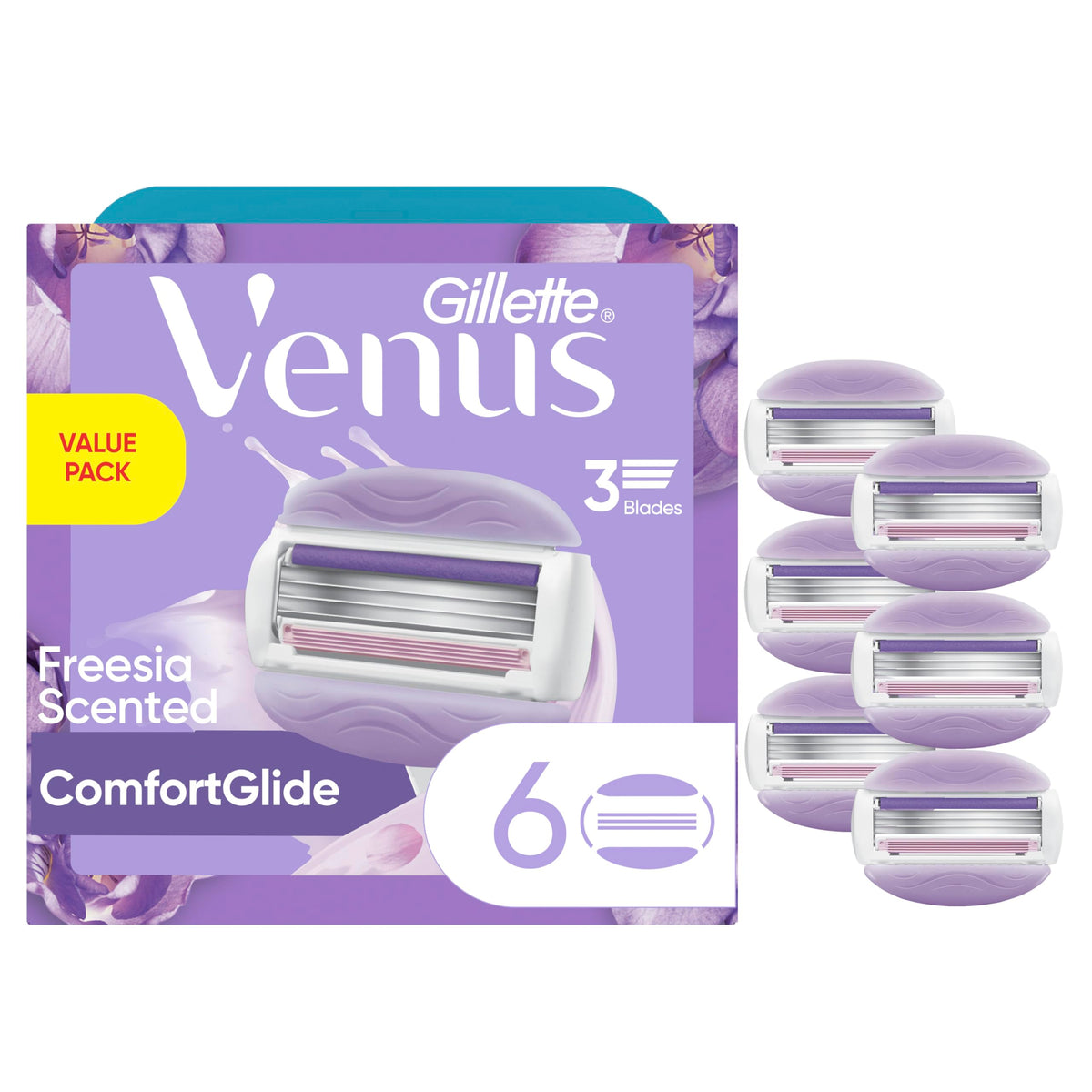 Gillette Venus ComfortGlide Freesia Razor Refills pack front view