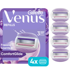 Gillette Venus ComfortGlide razor blade refills on a bathroom counter