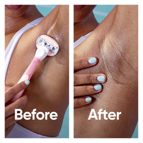 Gillette Venus ComfortGlide White Tea Razor Refills on a vanity