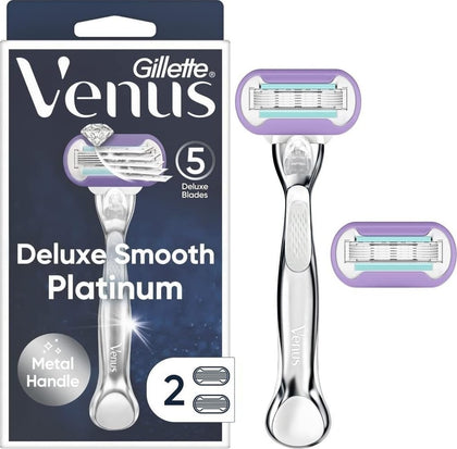 Gillette Venus Deluxe Smooth Platinum Razor front view with metal handle
