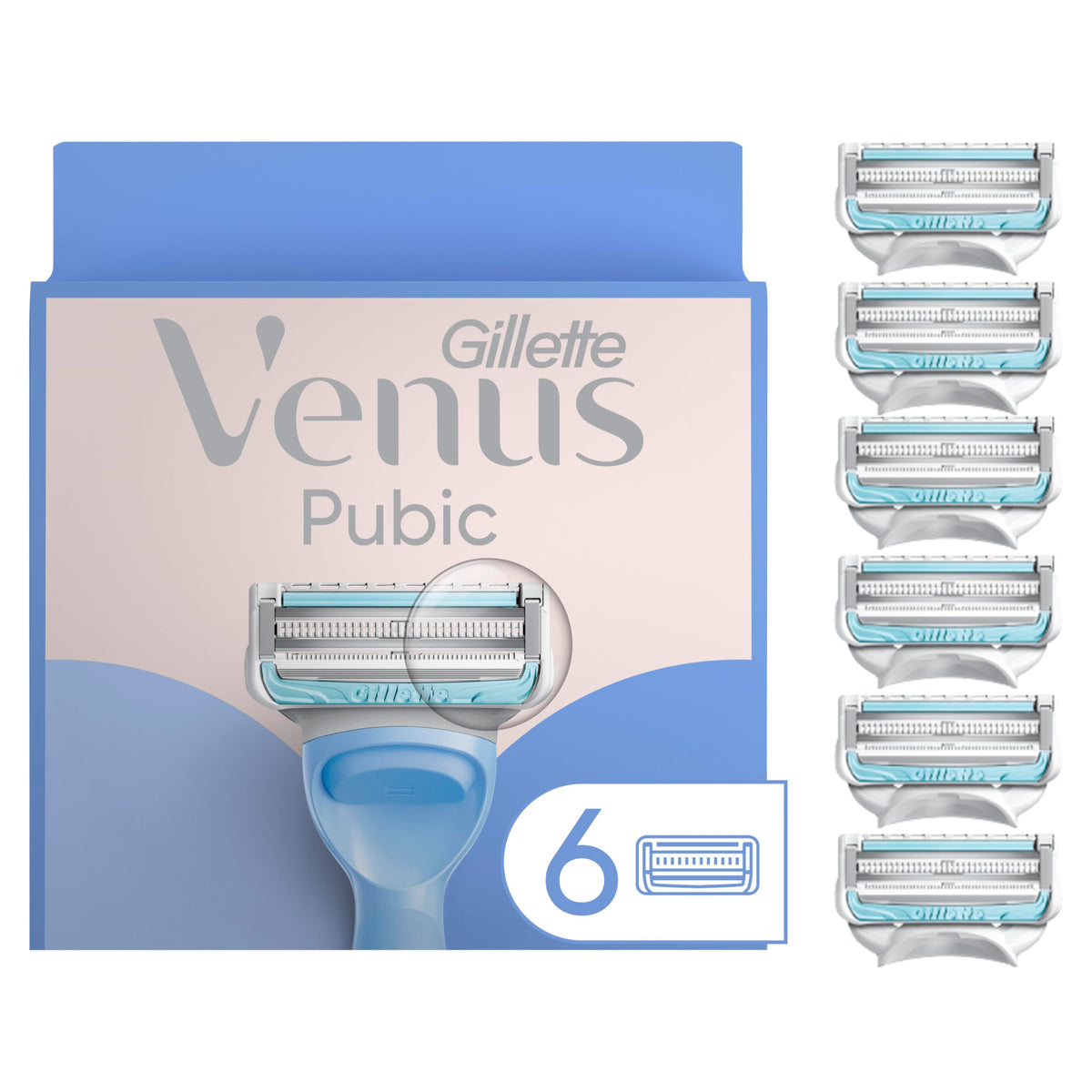 Gillette Venus Intimate Grooming Razors front view with 6 refills