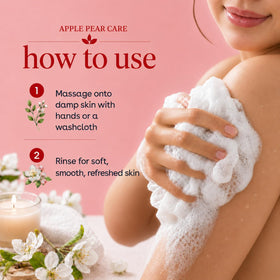 Ginger Lily Farms Apple Pear Body Wash 4-pack displayed on a bathroom shelf
