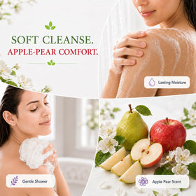 Ginger Lily Farms Apple Pear Body Wash in use during a shower