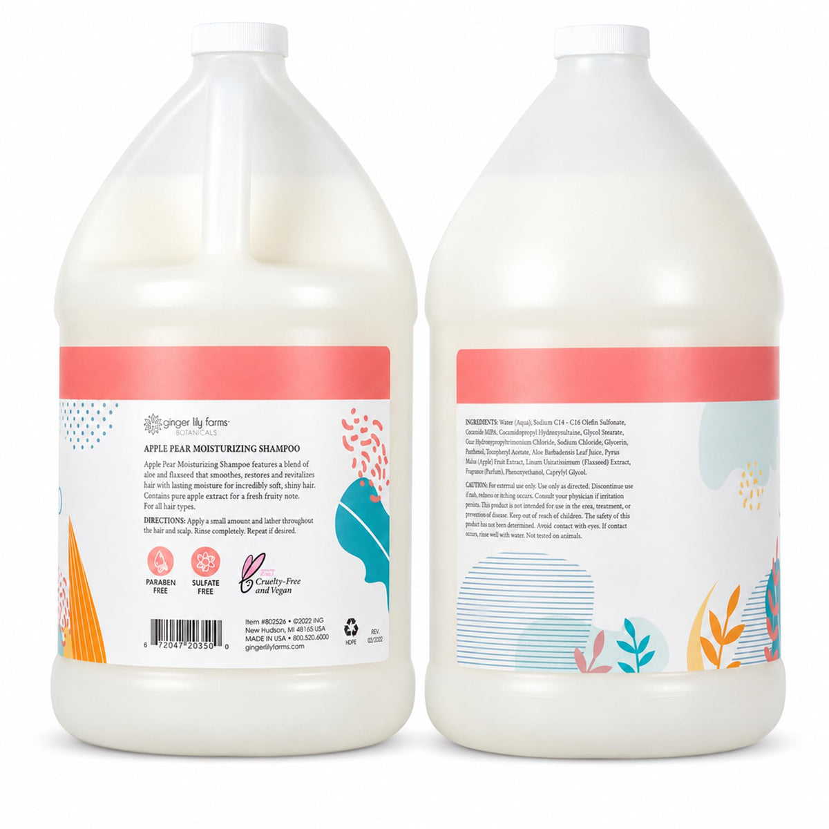 Ginger Lily Farms Apple Pear Shampoo back view with ingredients listed