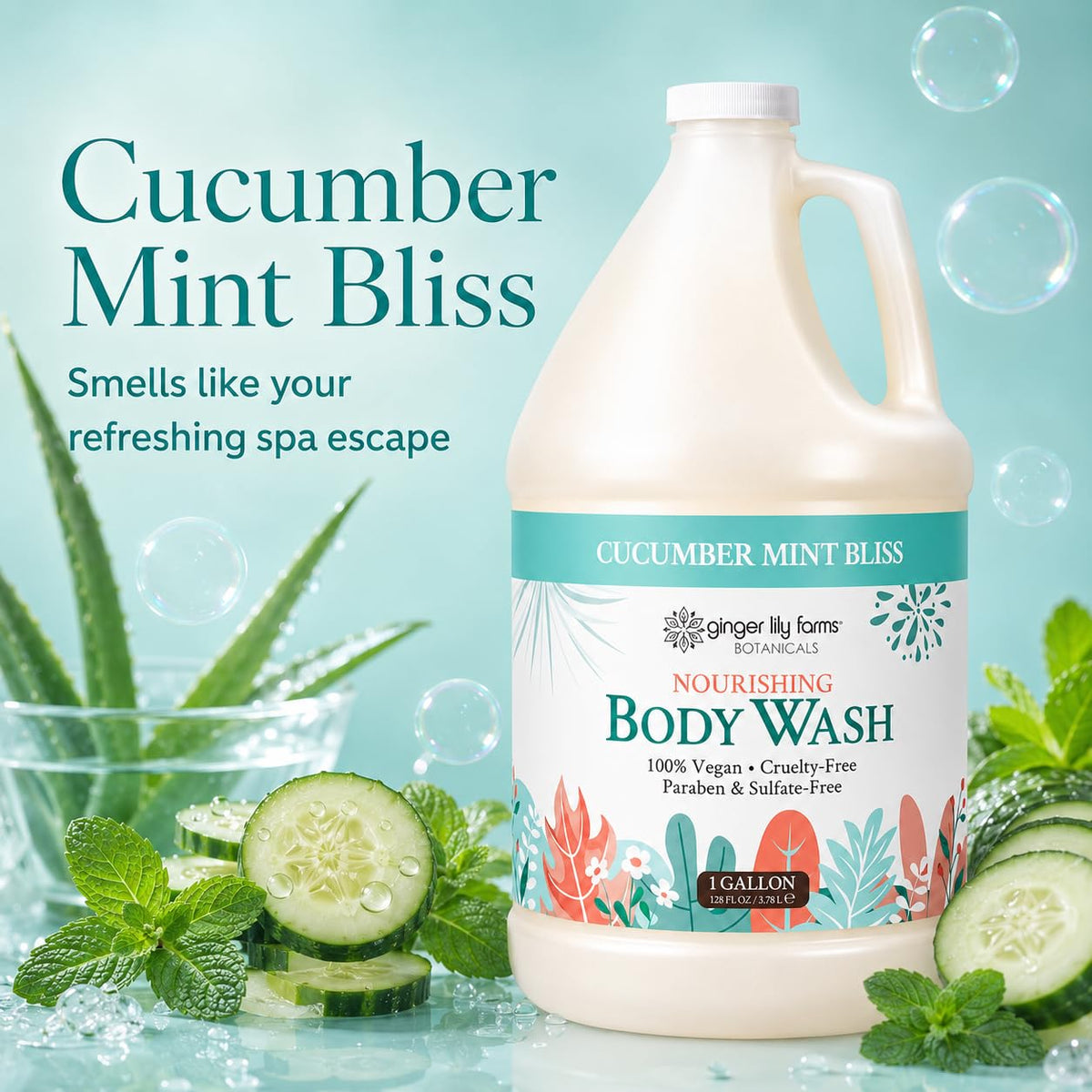 Ginger Lily Farms Botanicals Cucumber Mint Bliss Body Wash 128oz back view