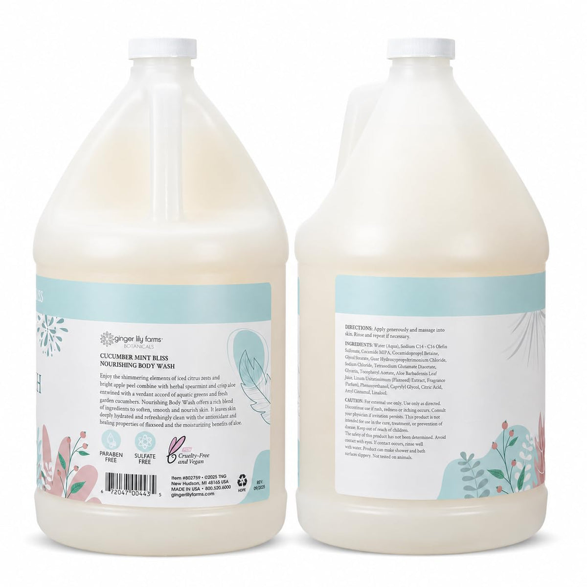 Ginger Lily Farms Botanicals Cucumber Mint Bliss Body Wash 128oz side view