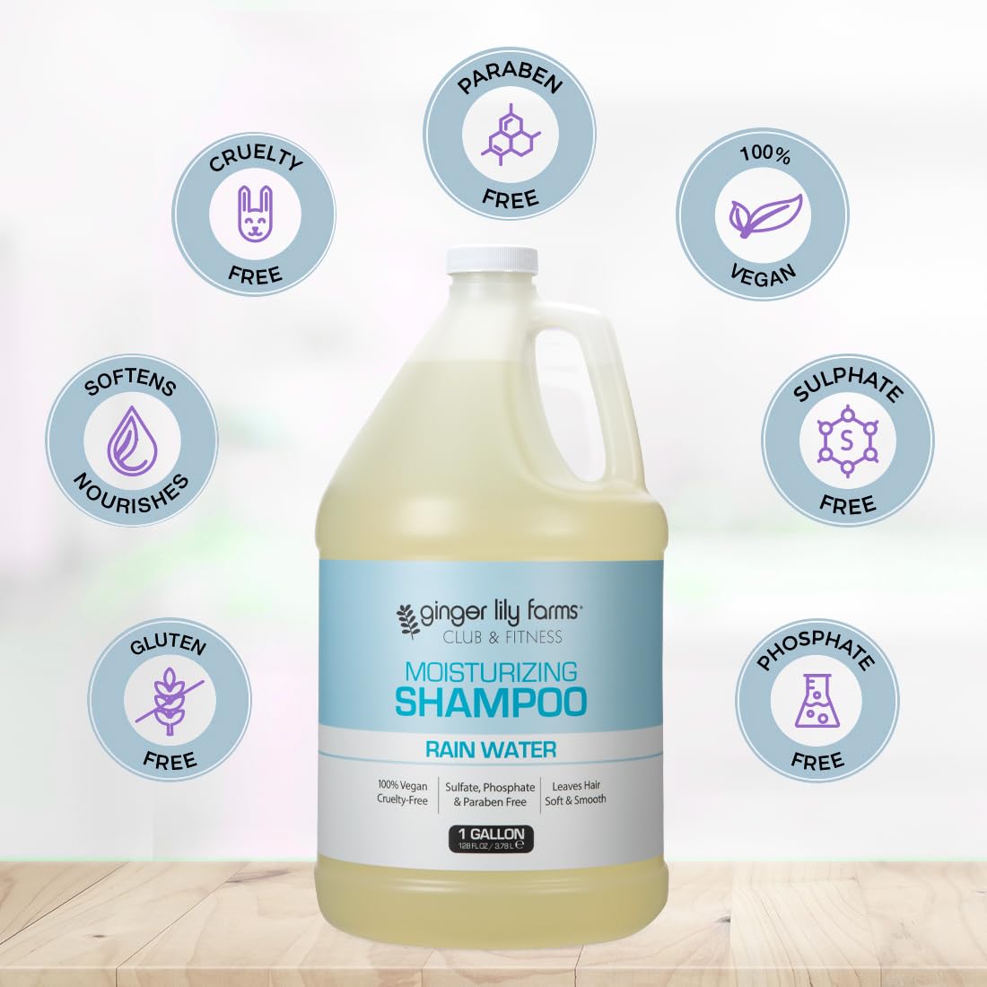 Ginger Lily Farms Club & Fitness Shampoo 128oz in a spa setting