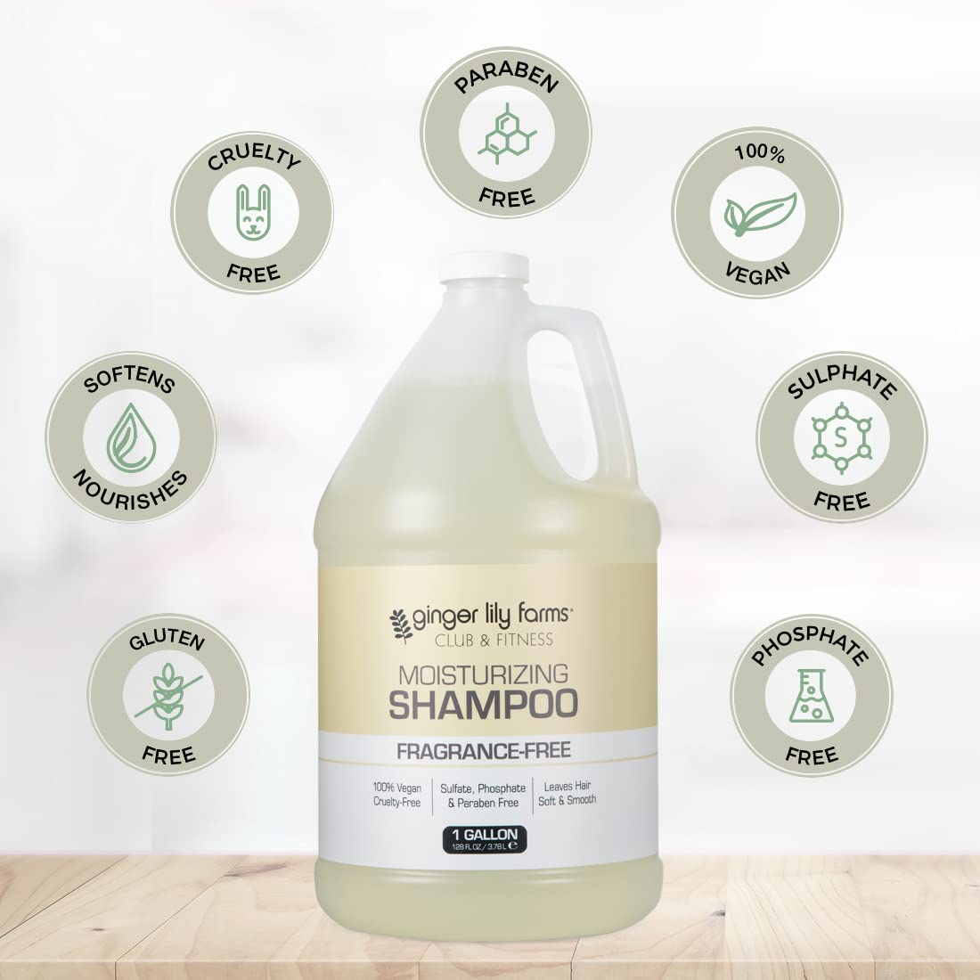 Ginger Lily Farms Club & Fitness Shampoo 128oz label close-up