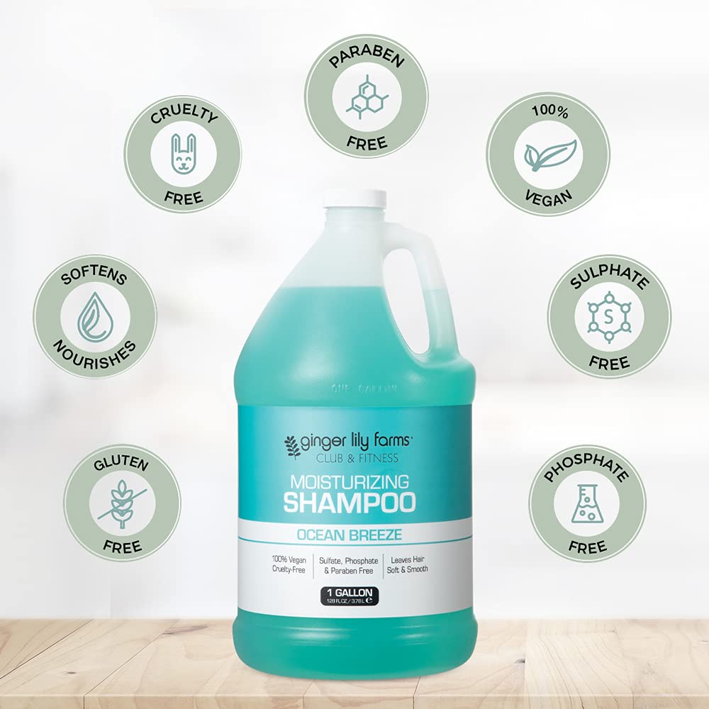 Ginger Lily Farms Club & Fitness Shampoo in a home bathroom setting