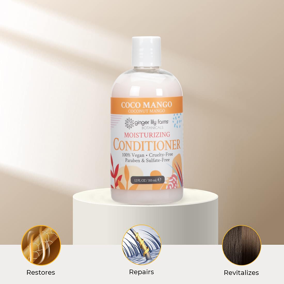 Ginger Lily Farms Coco Mango Conditioner 12oz with tropical background