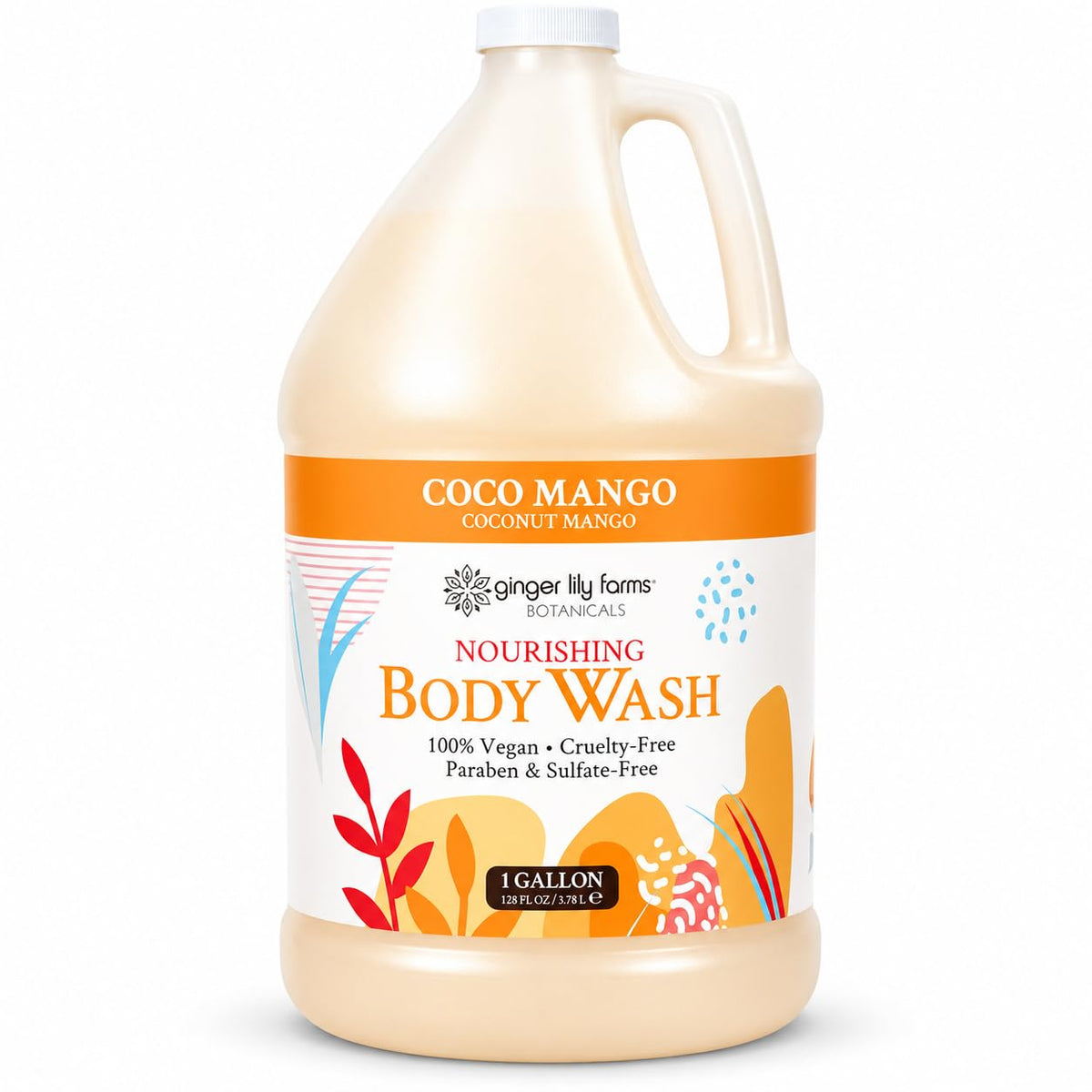 Ginger Lily Farms Coco Mango Nourishing Body Wash front view, 1 gallon size