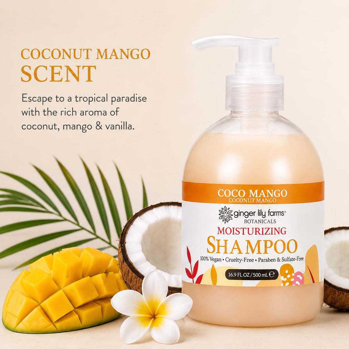 Ginger Lily Farms Coco Mango Shampoo in bathroom setting