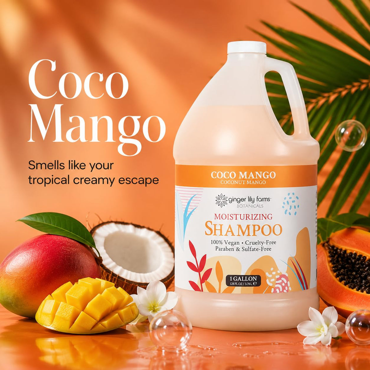 Ginger Lily Farms Coco Mango Shampoo packaging with tropical design