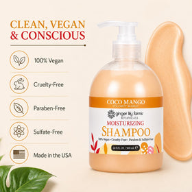 Ginger Lily Farms Coco Mango Shampoo surrounded by flowers