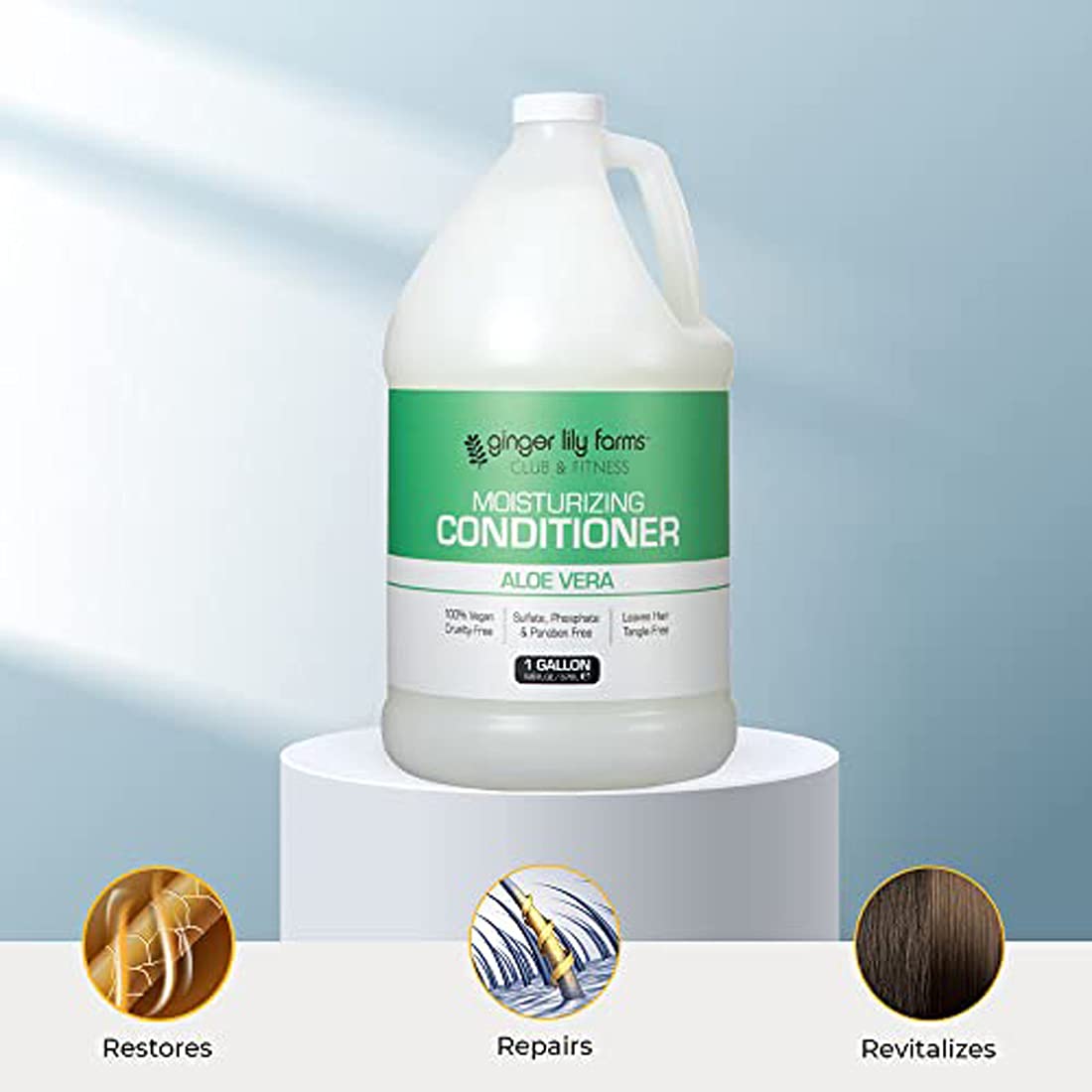 Ginger Lily Farms Conditioner displayed in a locker room setting