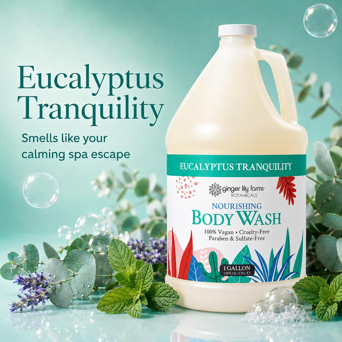 Ginger Lily Farms Eucalyptus Tranquility Body Wash 128oz back view