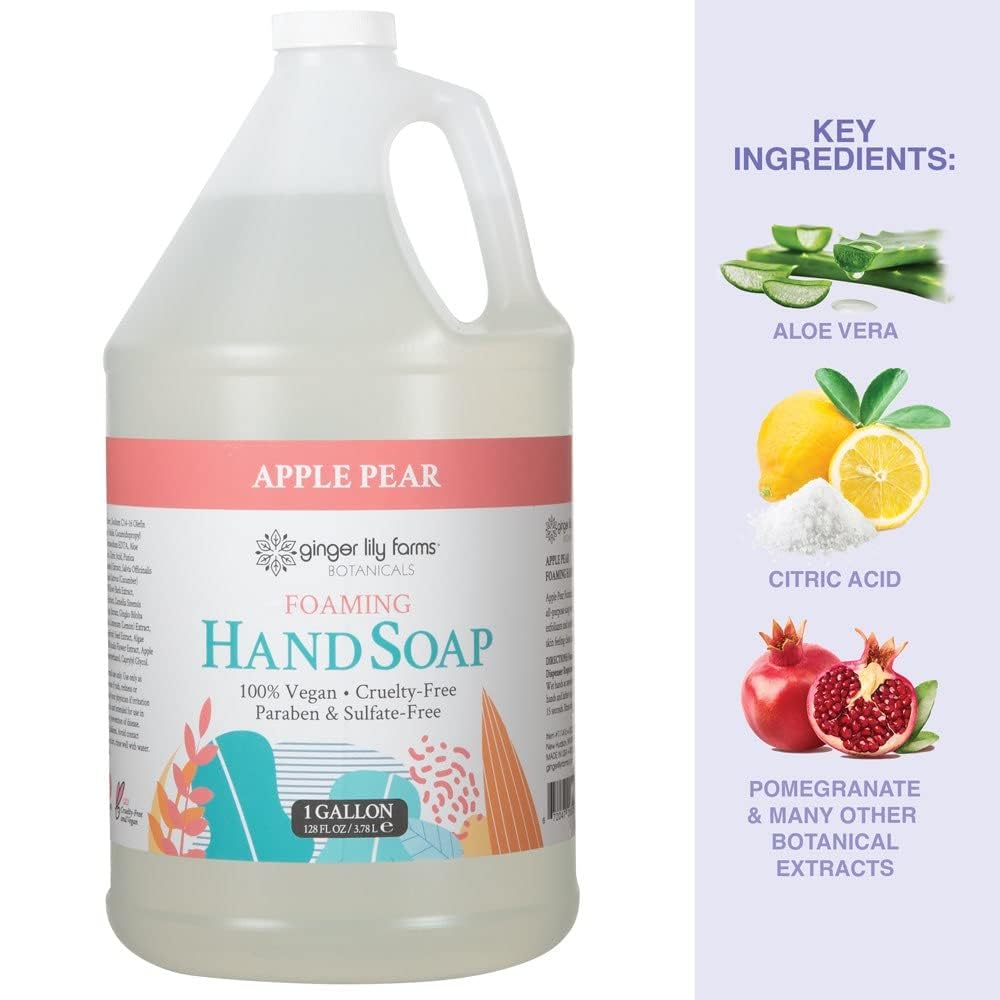 Ginger Lily Farms Foaming Hand Soap 128oz Apple Pear in bathroom