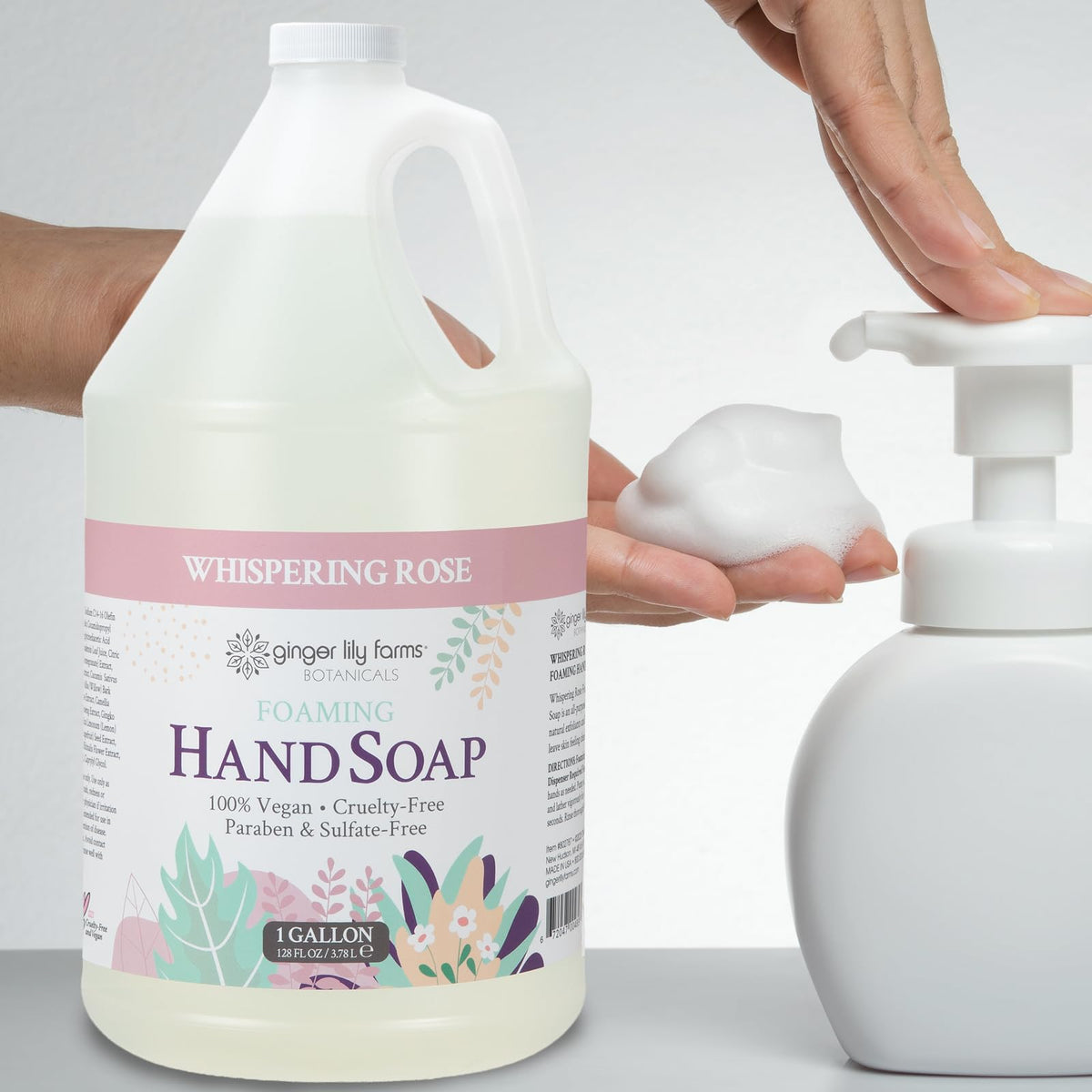 Ginger Lily Farms Foaming Hand Soap 128oz with floral background