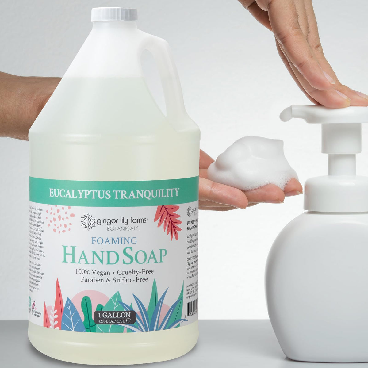 Ginger Lily Farms Foaming Hand Soap Eucalyptus in spa setting