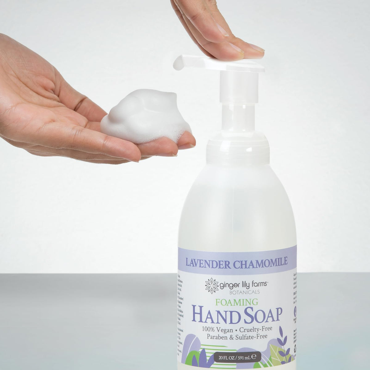 Ginger Lily Farms Foaming Hand Soap Lavender Chamomile 20oz in a bathroom setting