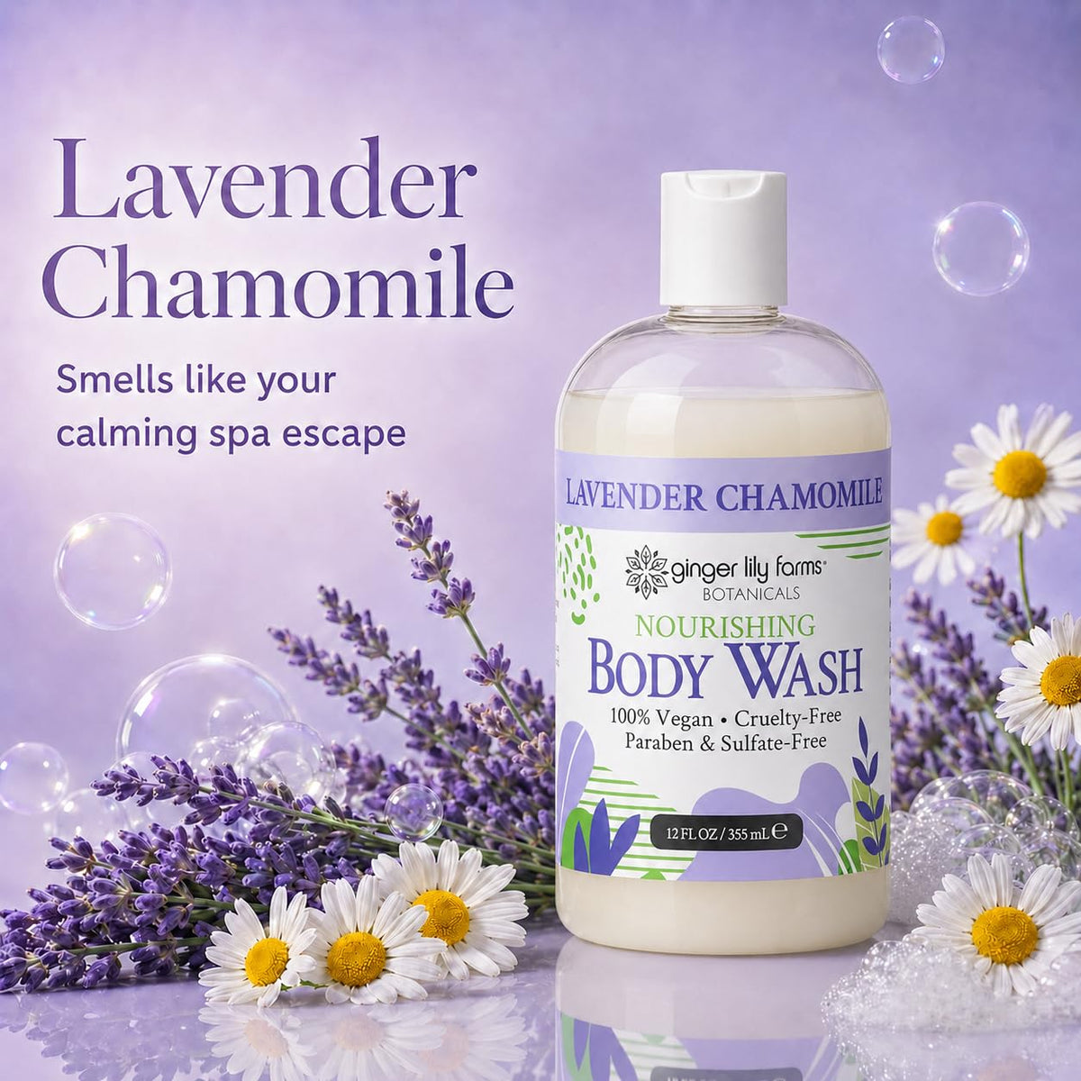 Ginger Lily Farms Lavender Chamomile Body Wash 12oz with floral background