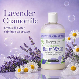 Ginger Lily Farms Lavender Chamomile Body Wash 12oz with floral background