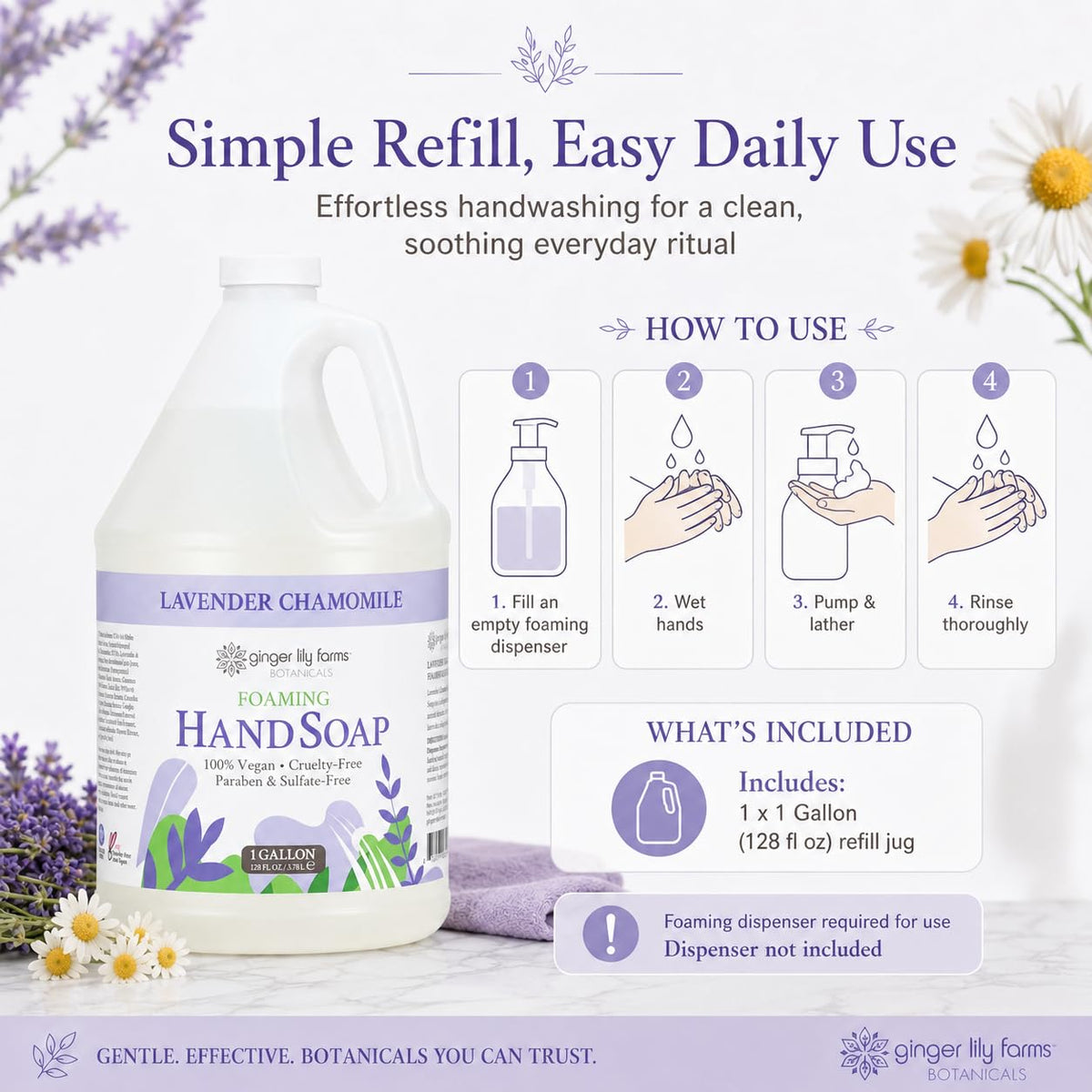 Ginger Lily Farms Lavender Chamomile Foaming Hand Soap with flowers