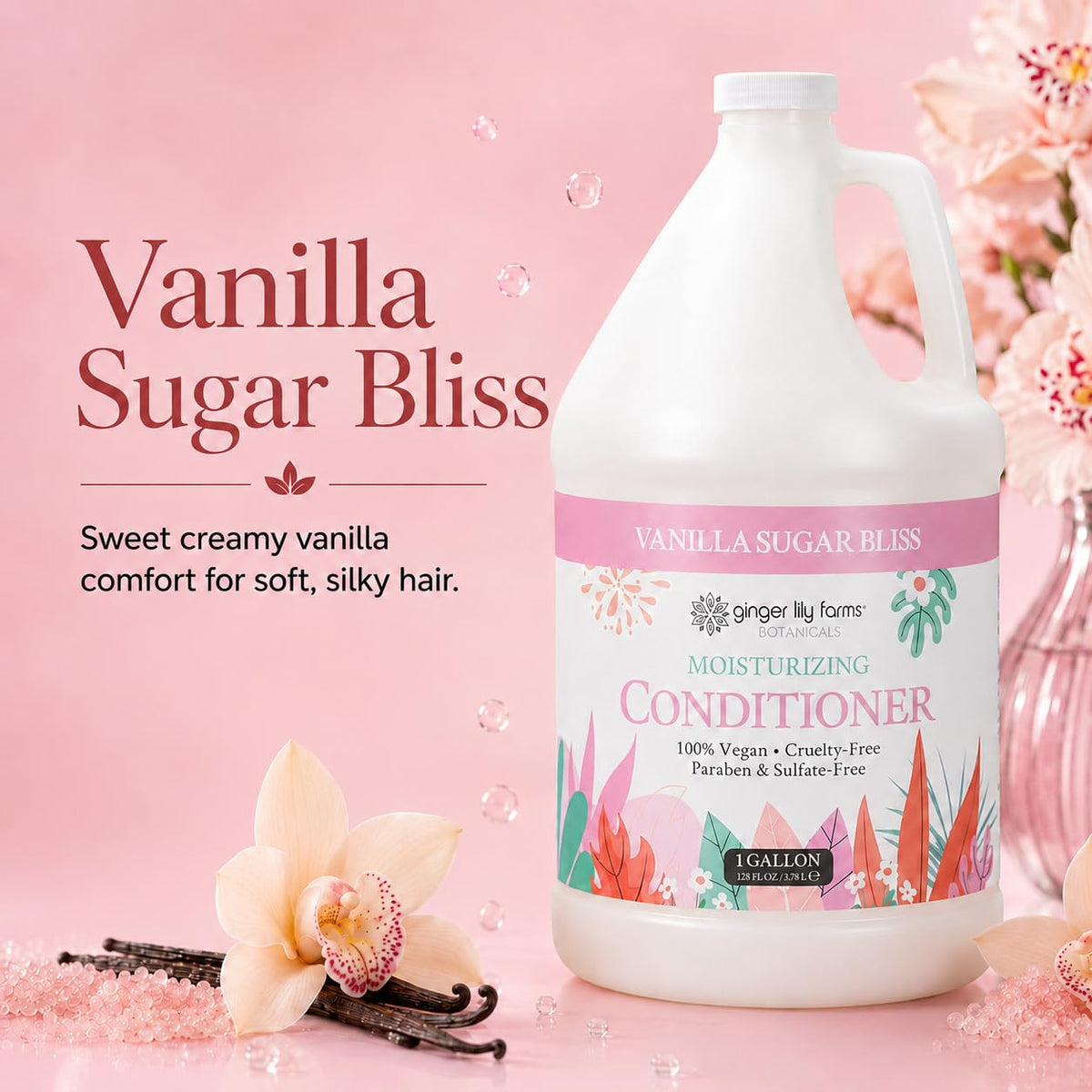 Ginger Lily Farms Vanilla Sugar Bliss Conditioner side view showing pump