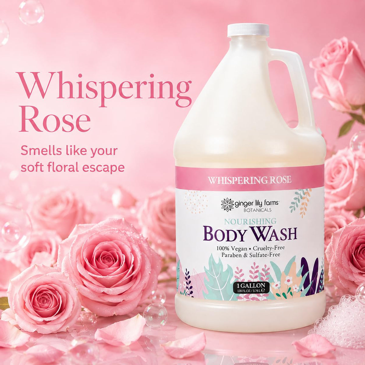 Ginger Lily Farms Whispering Rose Body Wash 128oz side view