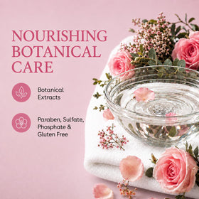 Ginger Lily Farms Whispering Rose Shampoo 128oz in a bathroom setting