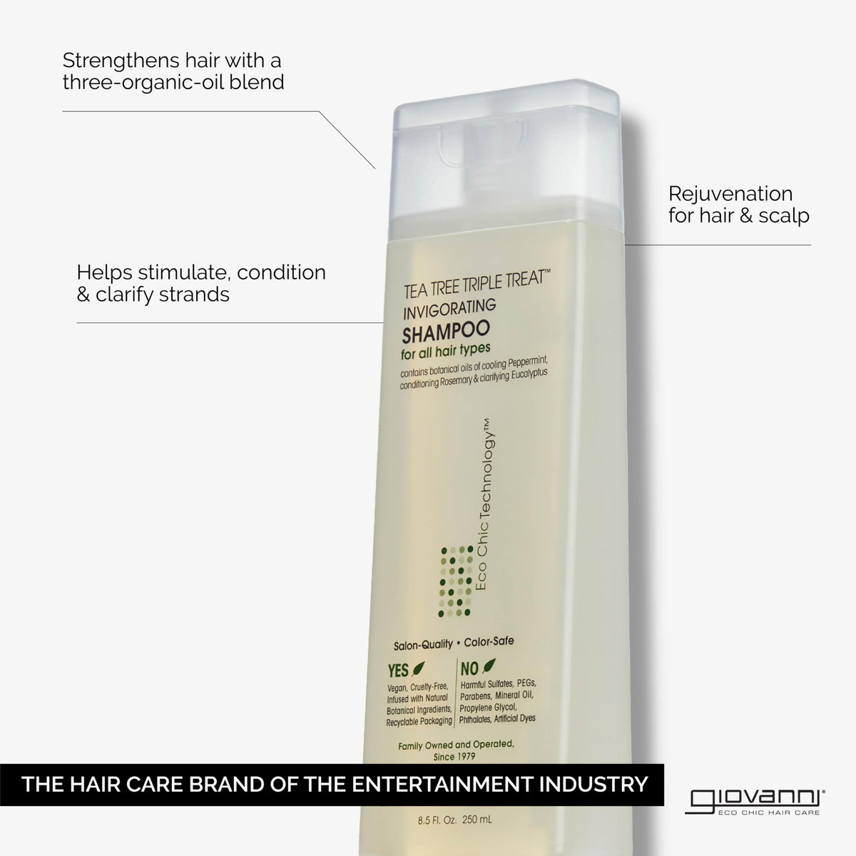 GIOVANNI Tea Tree Triple Shampoo 8.5 oz bottle side view