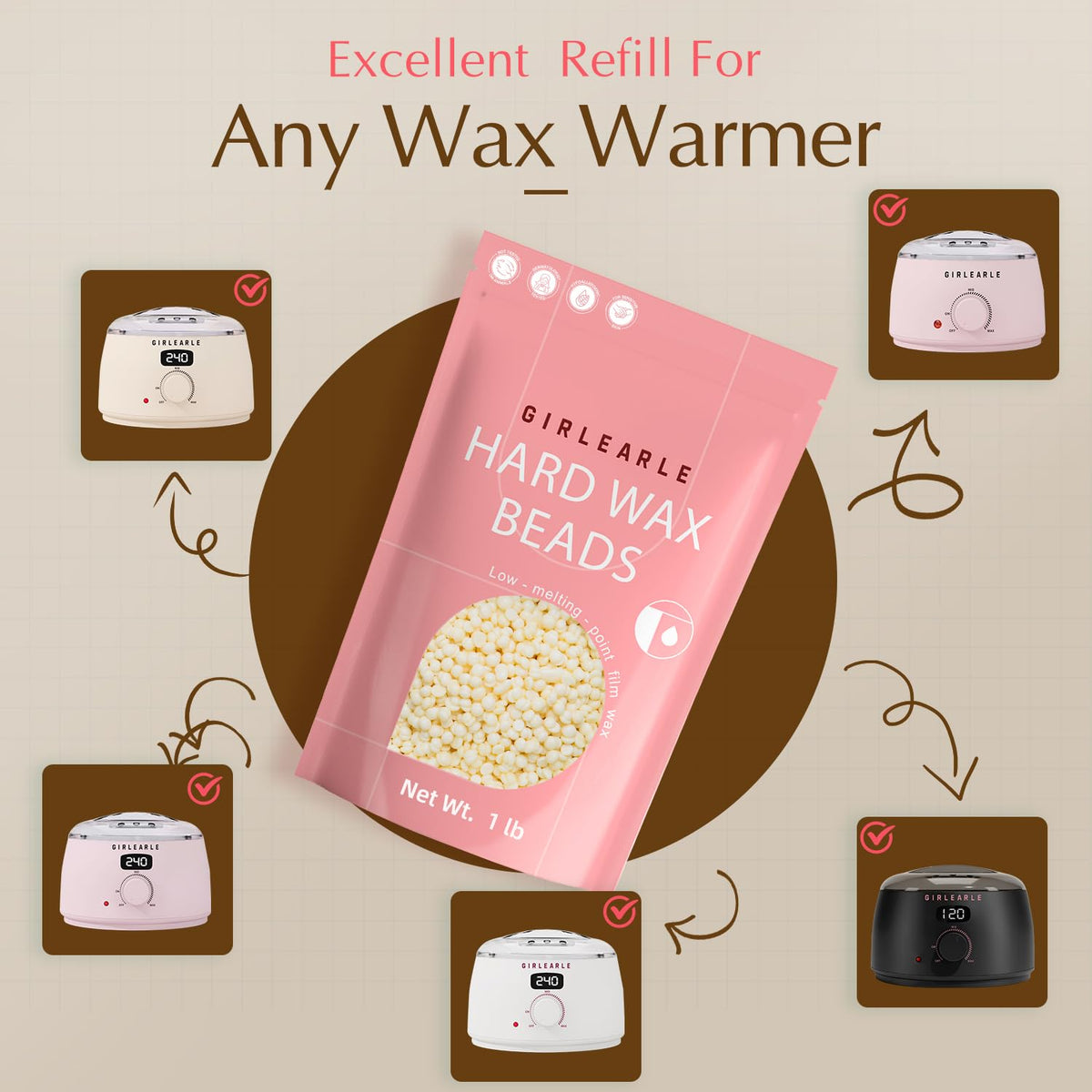 GIRLEARLE Hard Wax Beads on a countertop with beauty tools