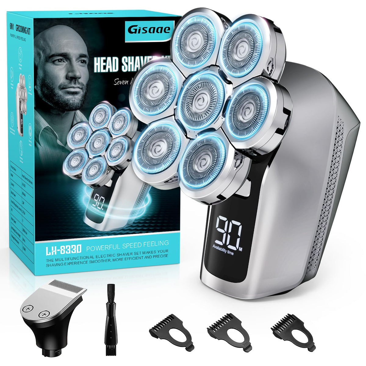 Gisaae 7D Electric Head Shaver front view with LED display