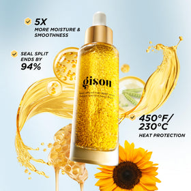 Gisou Hair Repair Serum bottle with honey and floral background
