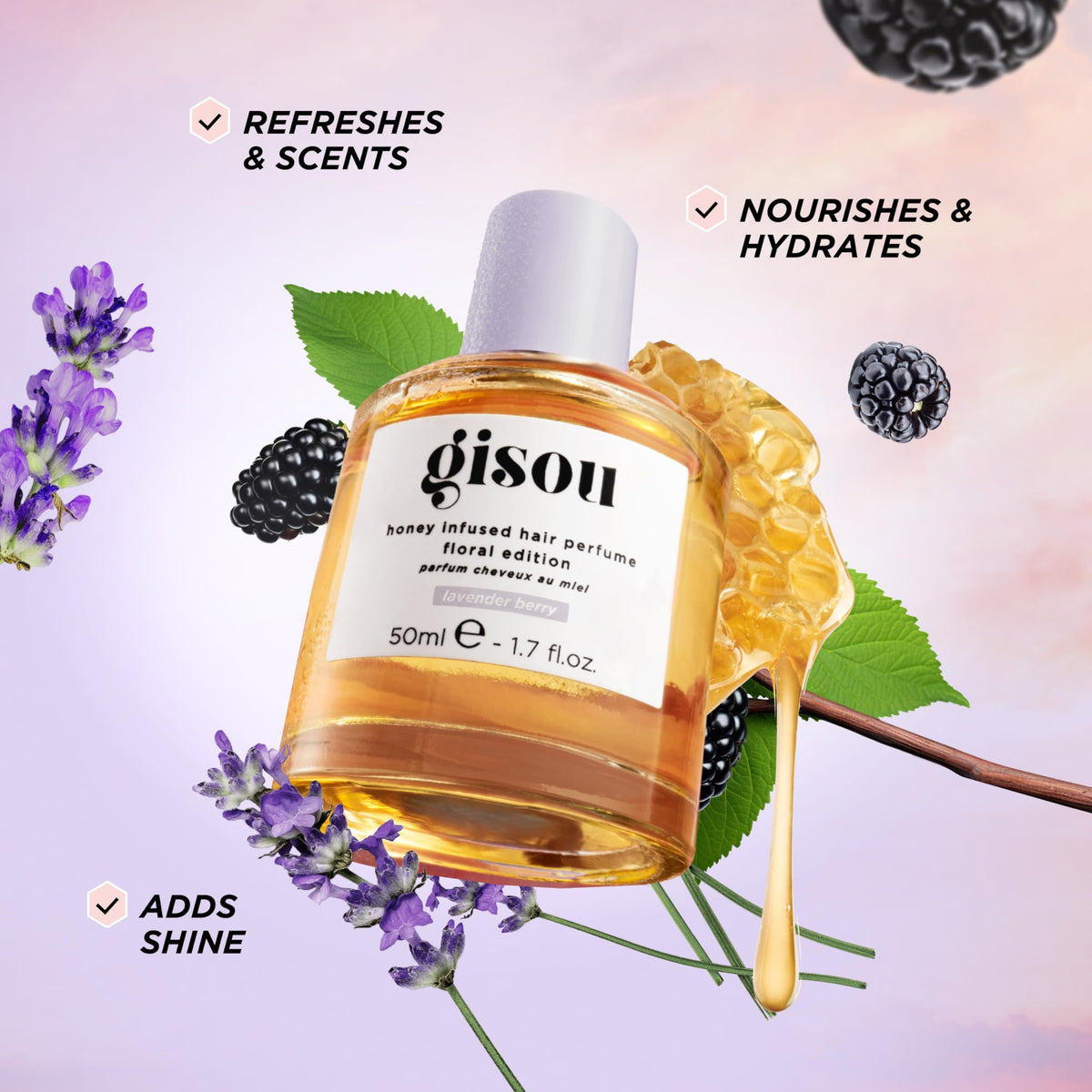 Gisou Honey Infused Hair Perfume Lavender Berry bottle close-up
