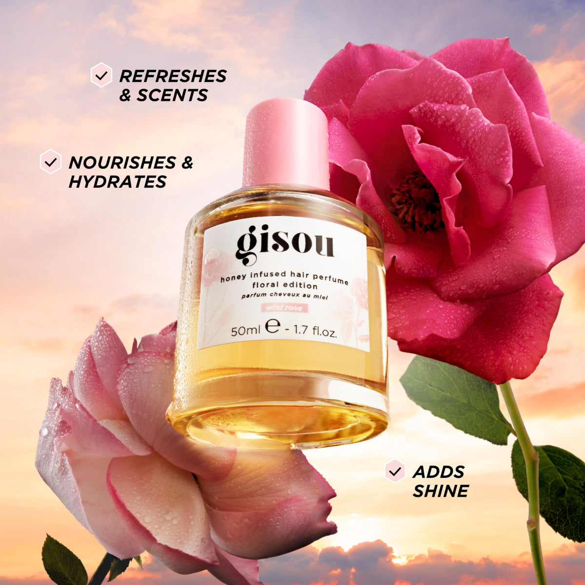 Gisou Honey Infused Hair Perfume Wild Rose bottle close-up