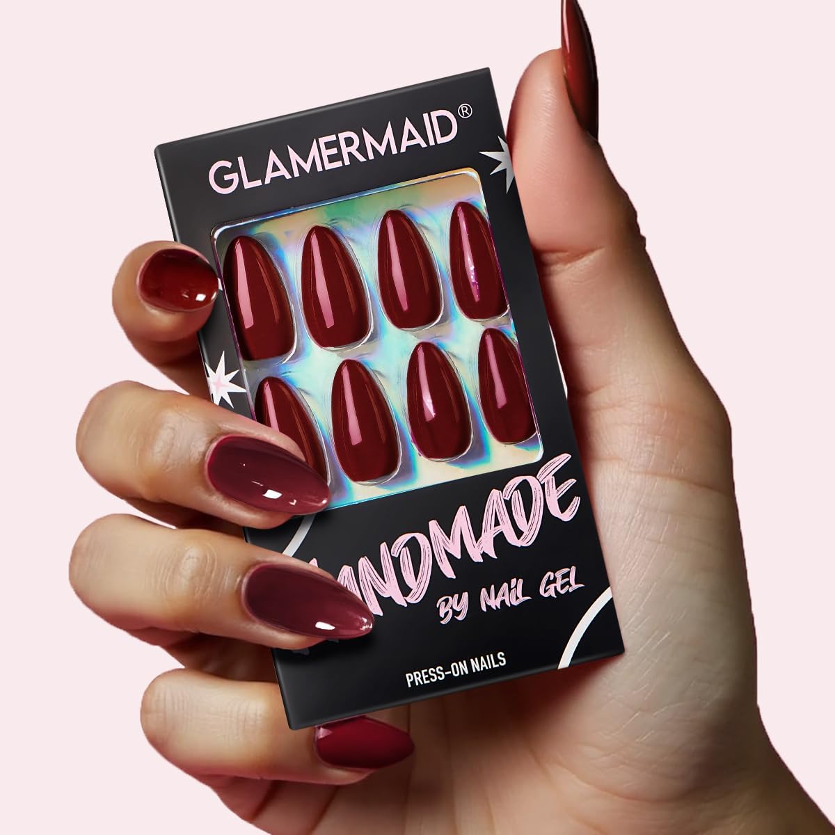 GLAMERMAID Cherry Red Press On Nails displayed in packaging