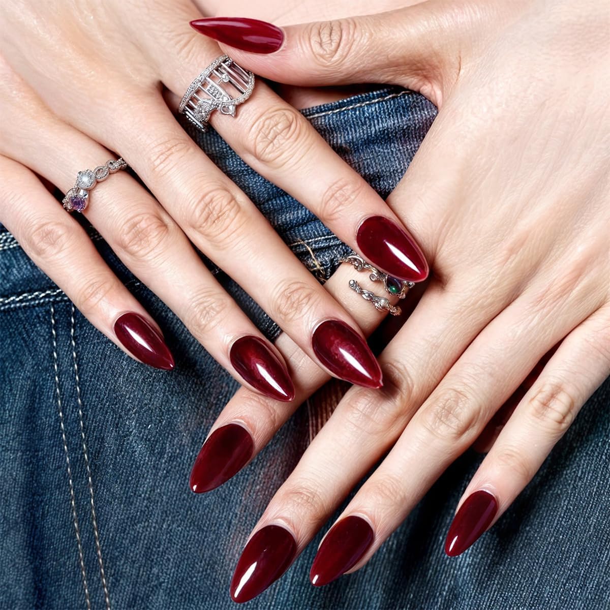 GLAMERMAID Cherry Red Press On Nails on a hand for demonstration