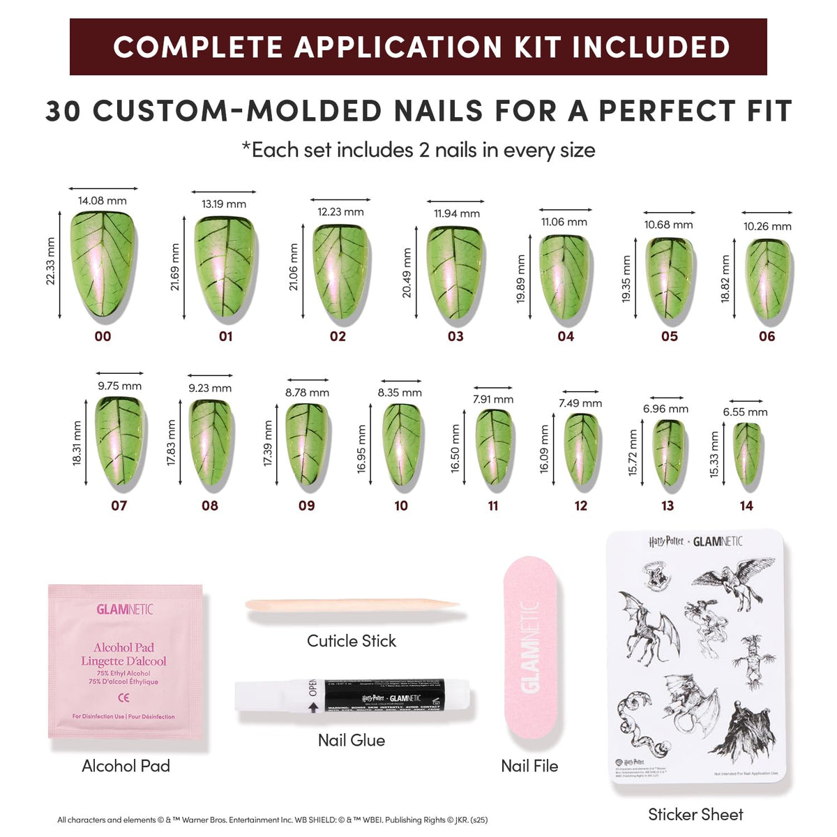 Glamnetic Harry Potter Mandrake Press On Nails with magical creatures sticker sheet
