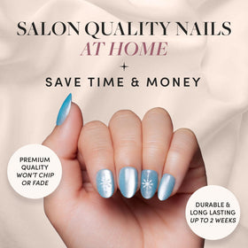 Glamnetic ice blue velvet nails with snowflake accents
