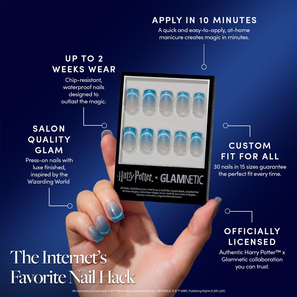 Glamnetic Lumos Press On Nails kit contents including nail glue and file