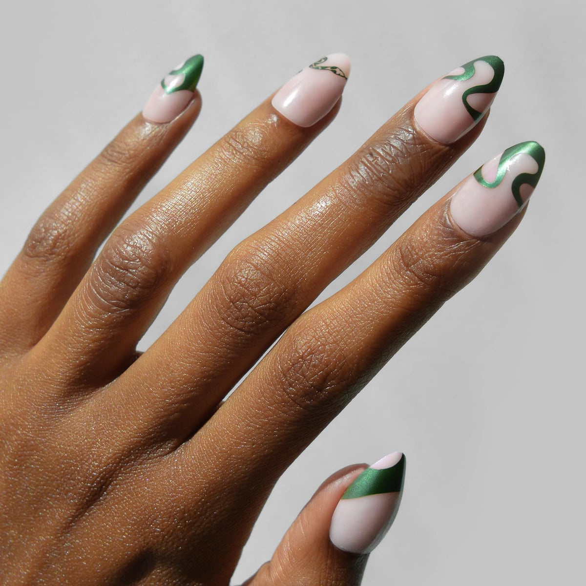 Glamnetic Parseltongue Press On Nails front view with green French tips