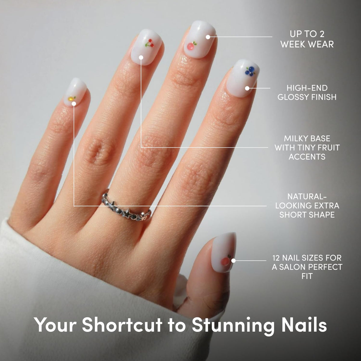 Glamnetic Press On Nails in milky white base with fruit designs